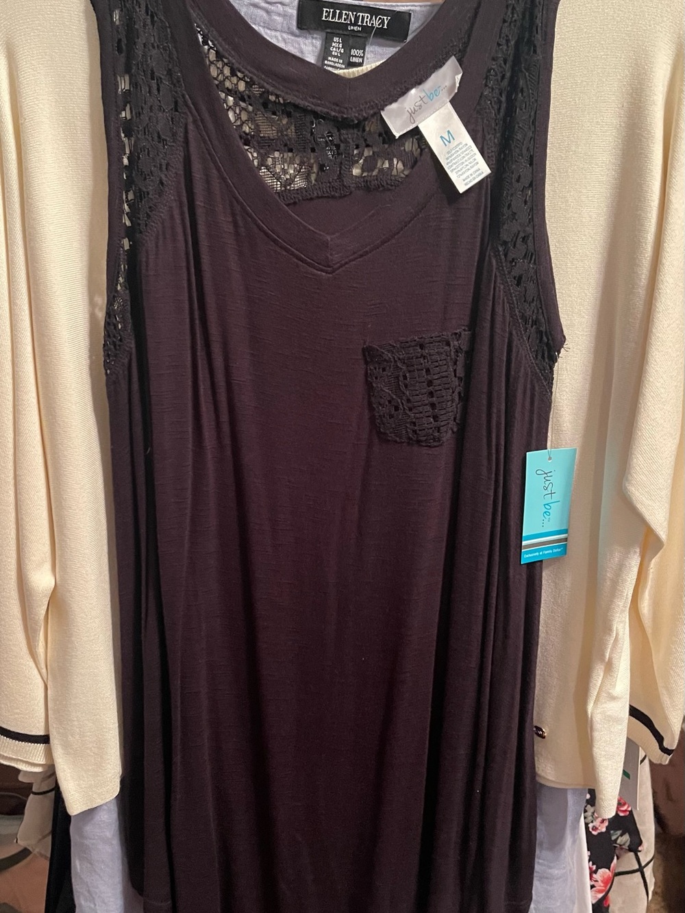 Ellen Tracy Black Crochet-Trim Sleeveless Tank